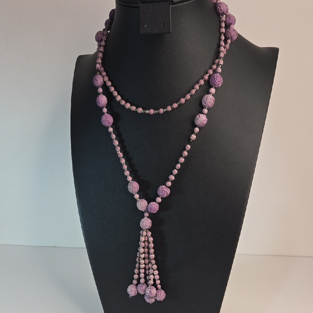 Vintage Crushed-Rose Petal Lavender Bead Necklace Tassel Flapper Victorian